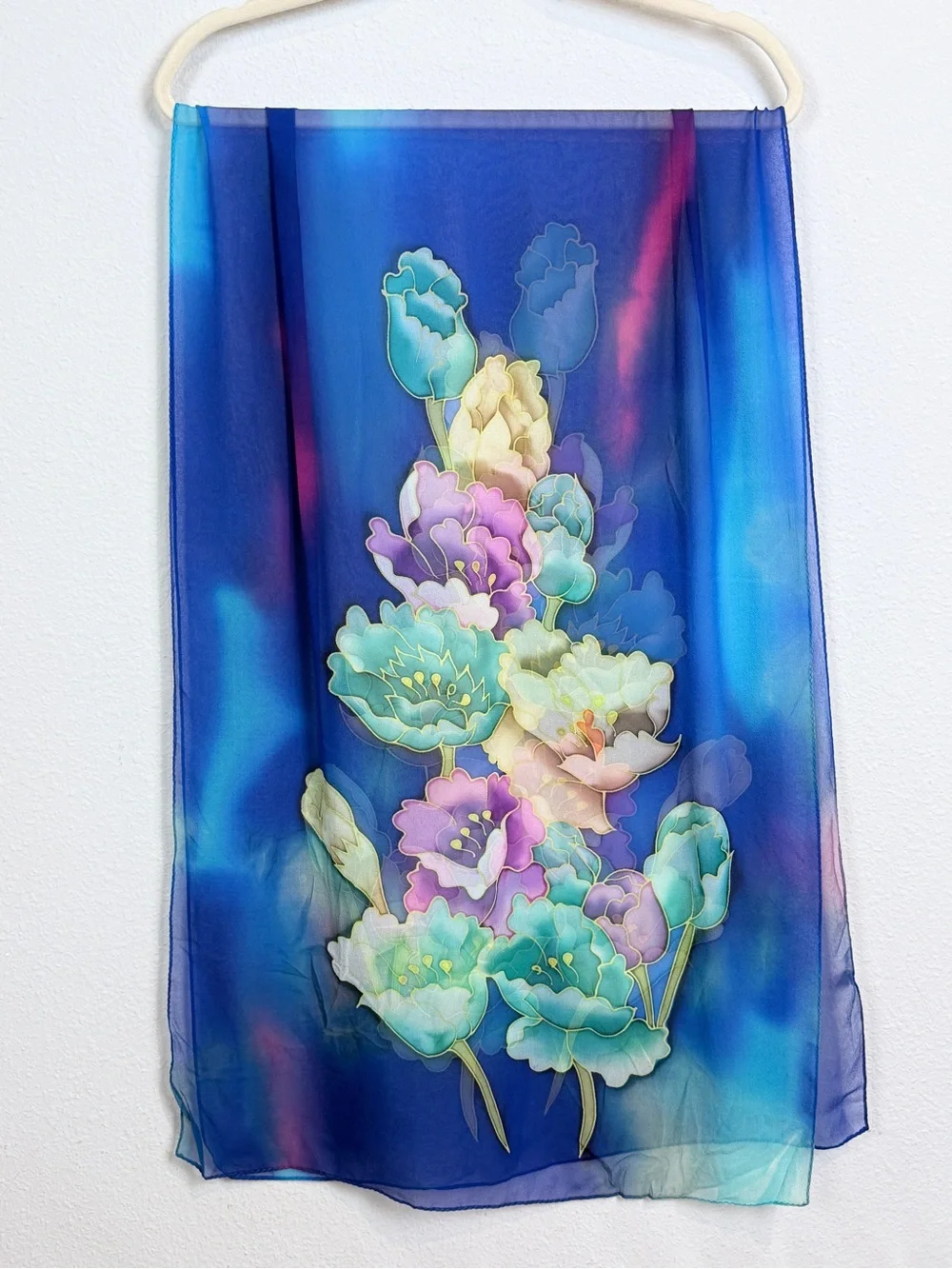Hand-Painted Blue Floral Silk Scarf 20x63”
